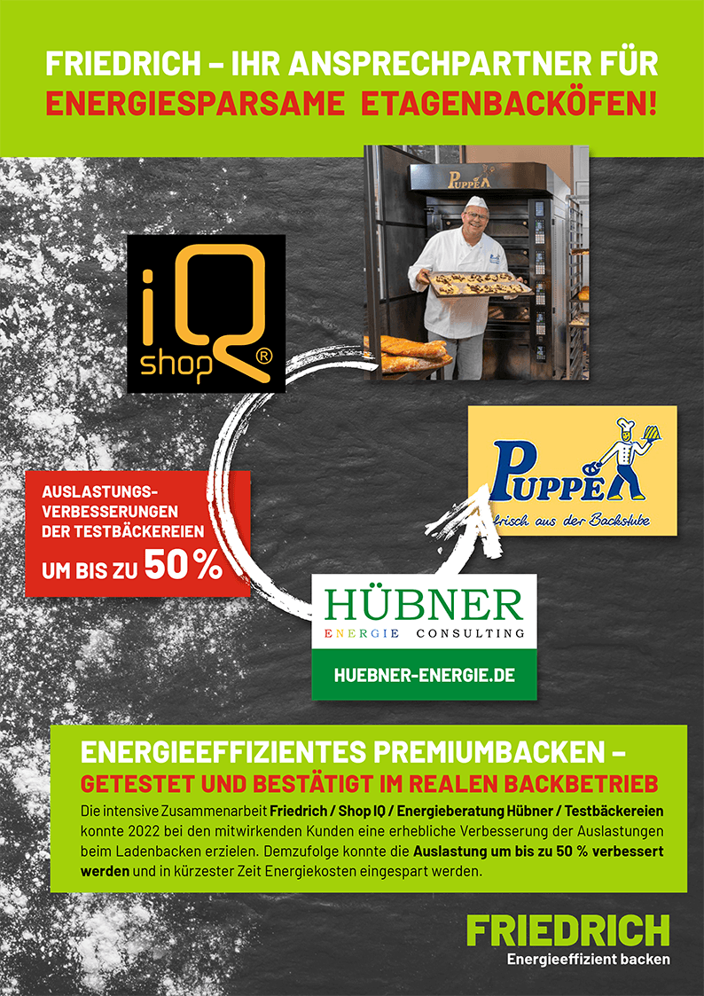 Flyer zur Zusammenarbeit von Friedrich, Shop IQ und Energieberatung Hübner zur Optimierung der Backofenauslastung und Energieeinsparung